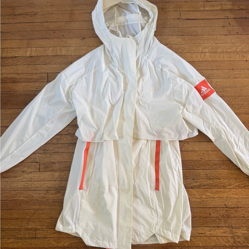 Adidas White Hooded Windbreaker Jacket with Orange Accents